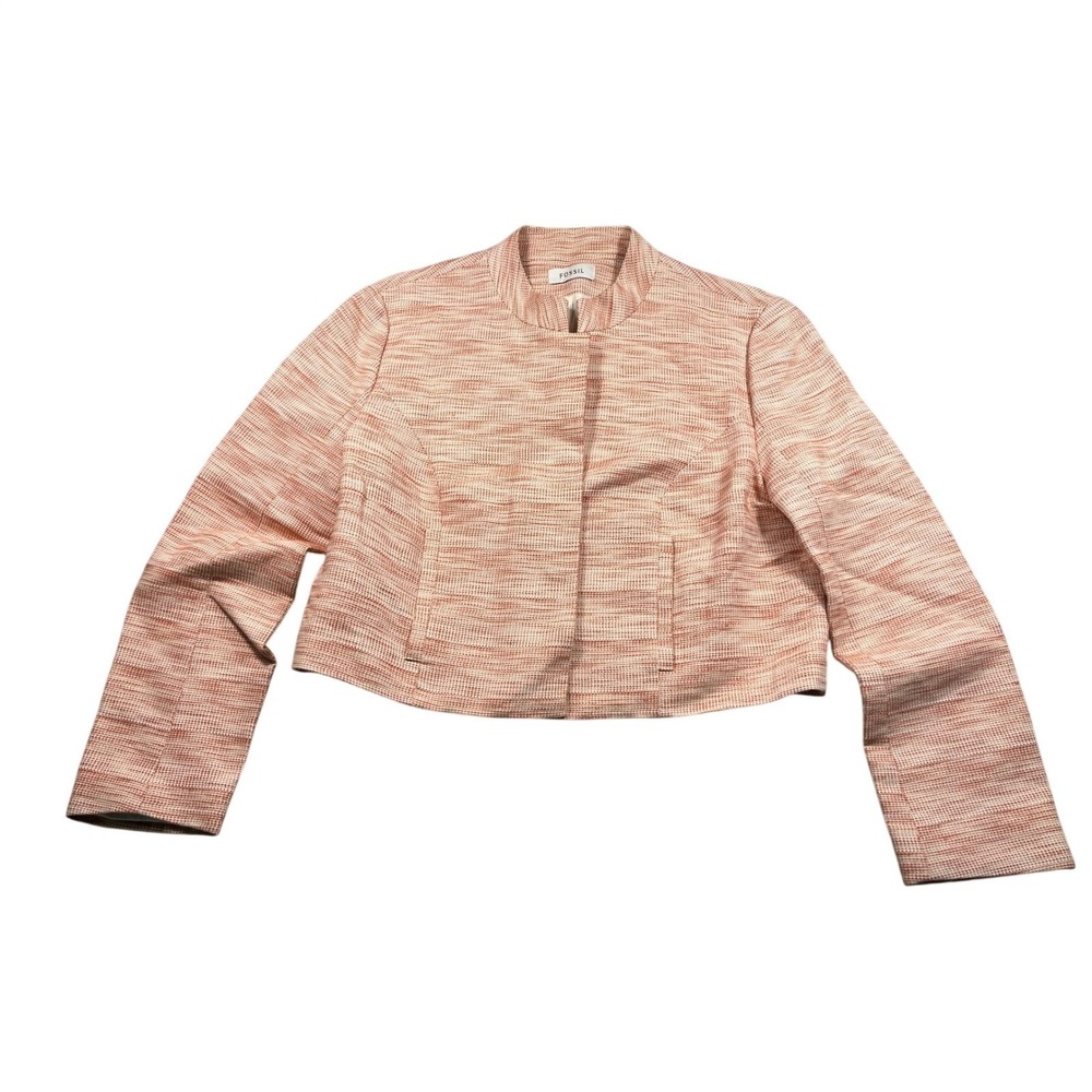 Fossil Cropped Moto Jacket Cotton Ramie Linen Peach Coral Woven